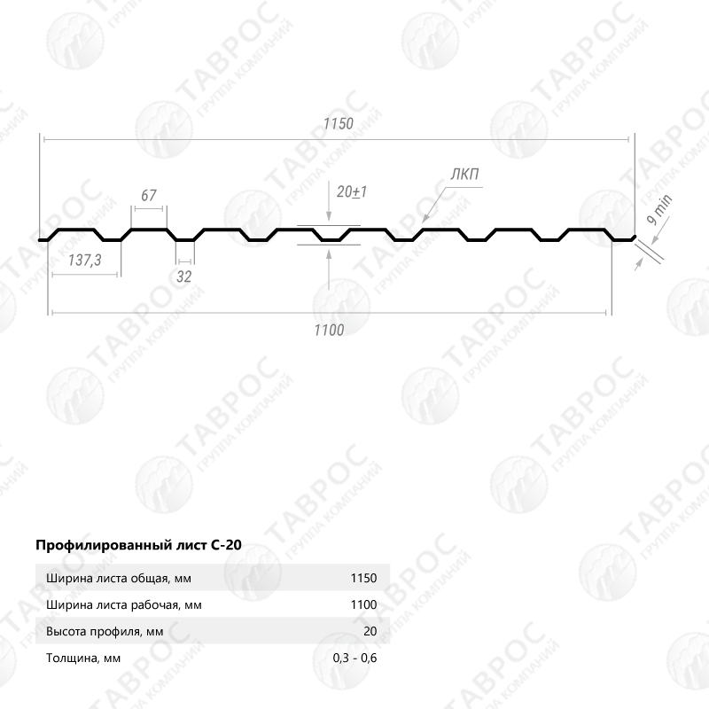 Профнастил С-20 Гладкий полиэстер RAL 6005 (Зелёный мох) 2500*1150*0,5 двухсторонний