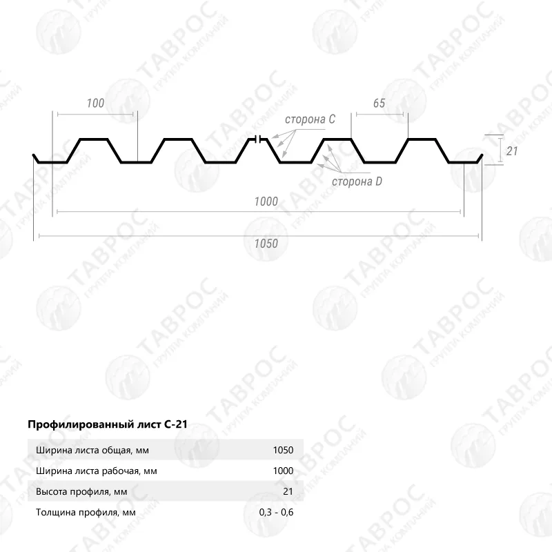 Профнастил С-21 Zn 2000*1050*0,4 односторонний